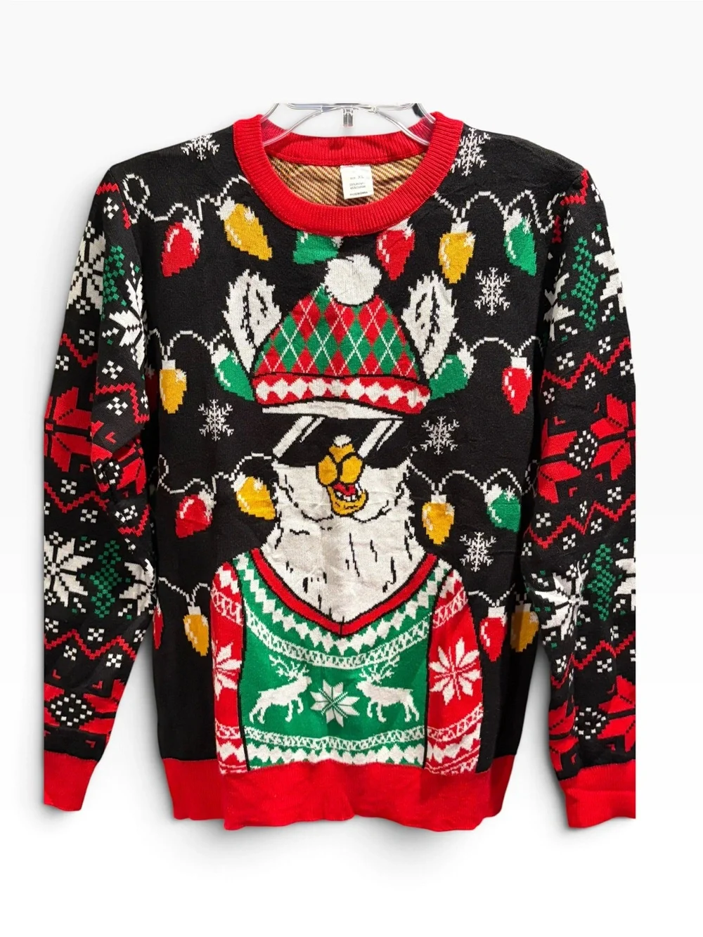 Christmas Ugly Sweater Holiday Lights Snowflakes Reindeer Black Red Size XL